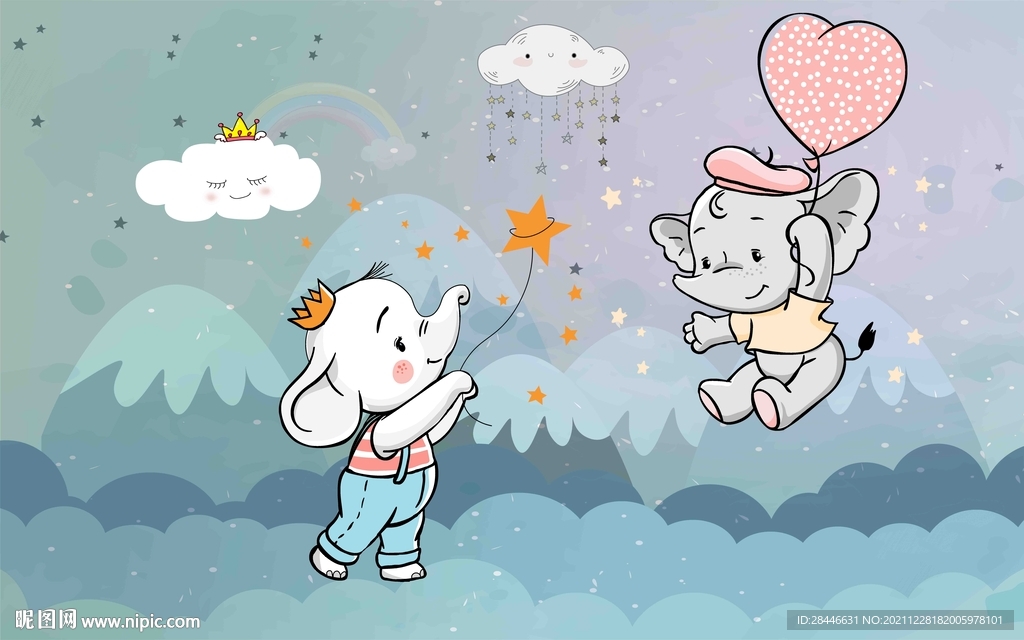 北欧卡通手绘儿童房背景墙   