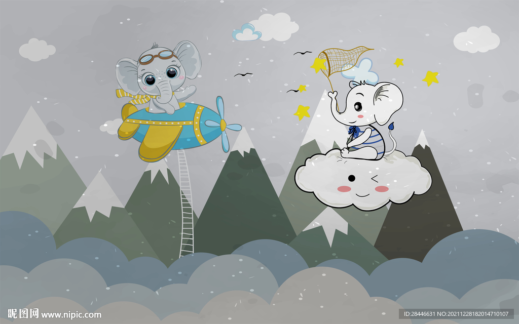 北欧卡通手绘儿童房背景墙   