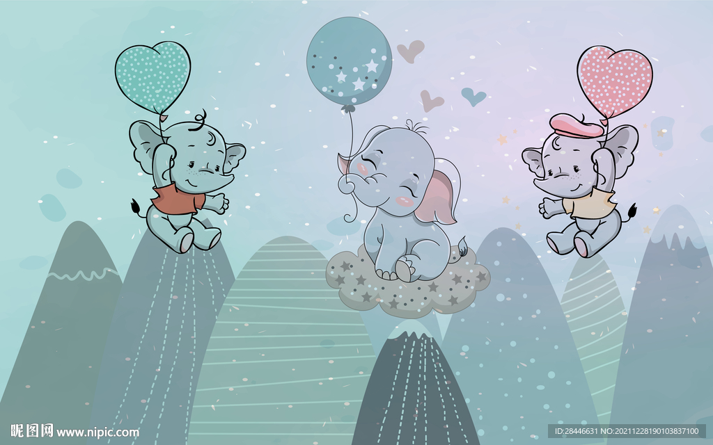 北欧卡通手绘儿童房背景墙   