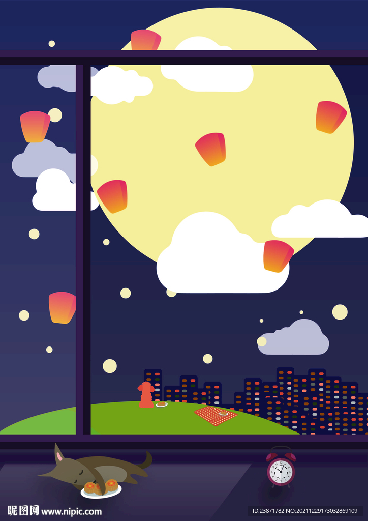 中秋节插画 守望 宠物 安宁 