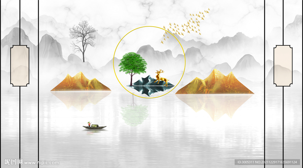 晶瓷画山水画新中式背景墙