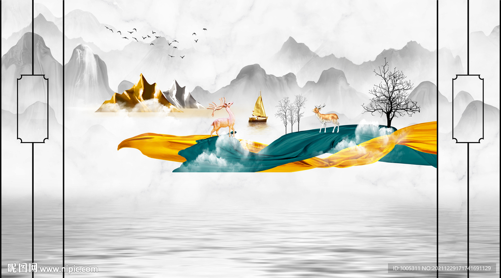 晶瓷画抽象飘带水墨山水画