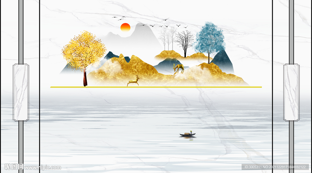 晶瓷画山水画电视背景墙