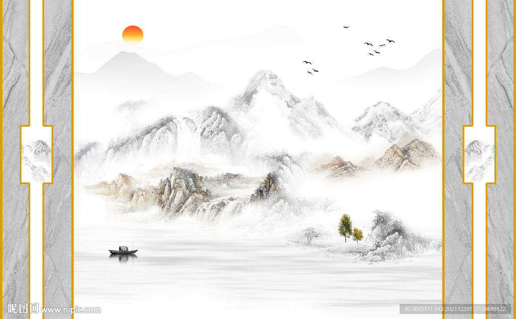 晶瓷画山水画电视背景墙