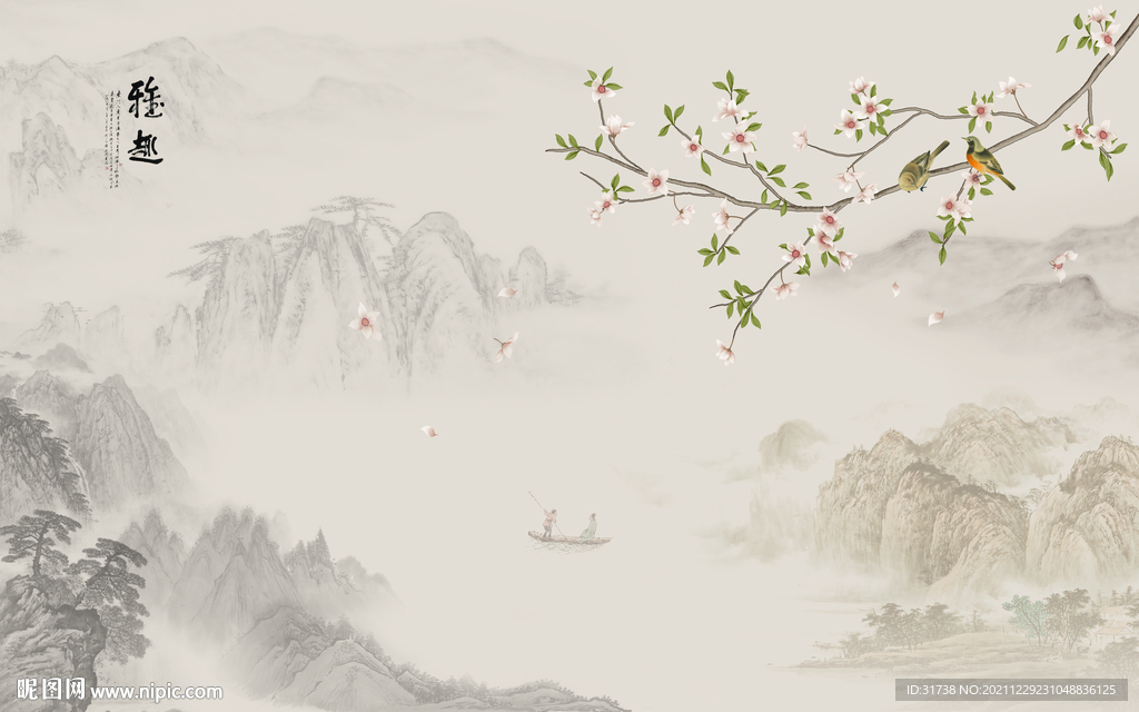 中式花鸟山水背景墙