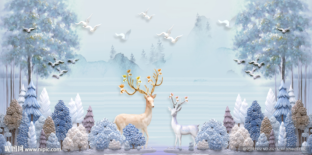 淡雅极简北欧抽象树麋鹿背景墙图