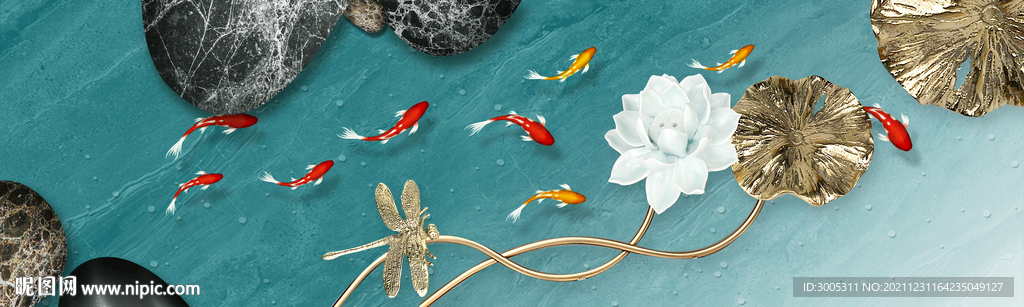 晶瓷画线条抽象画荷叶金鱼