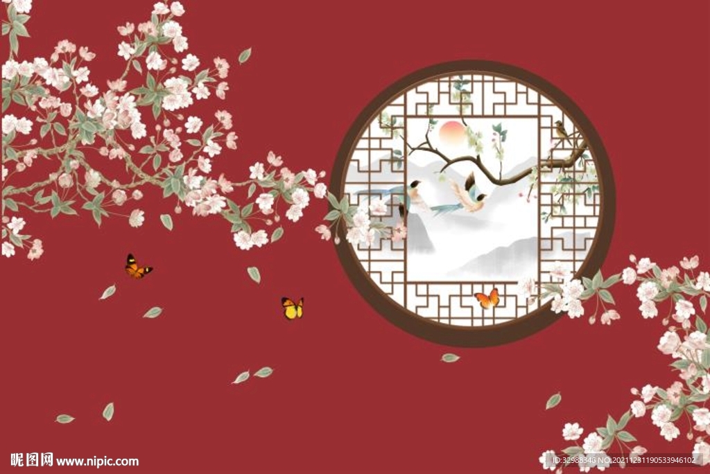 现代手绘新中式工笔花鸟背景墙图