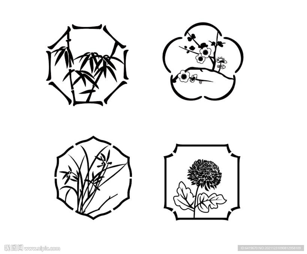 中国风梅花兰花竹子牡丹芍药花