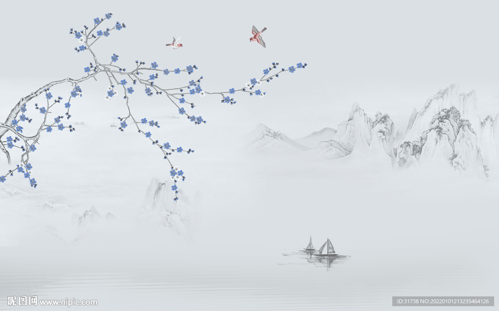 工笔花鸟背景墙