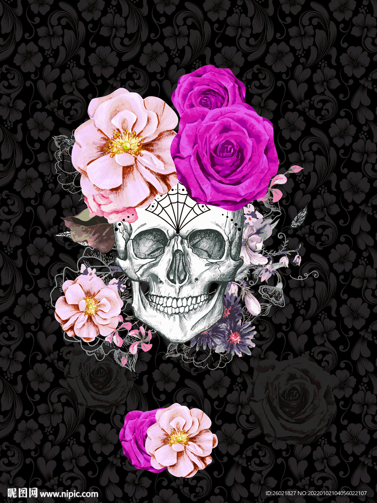 骷髅头玫瑰花数码印花