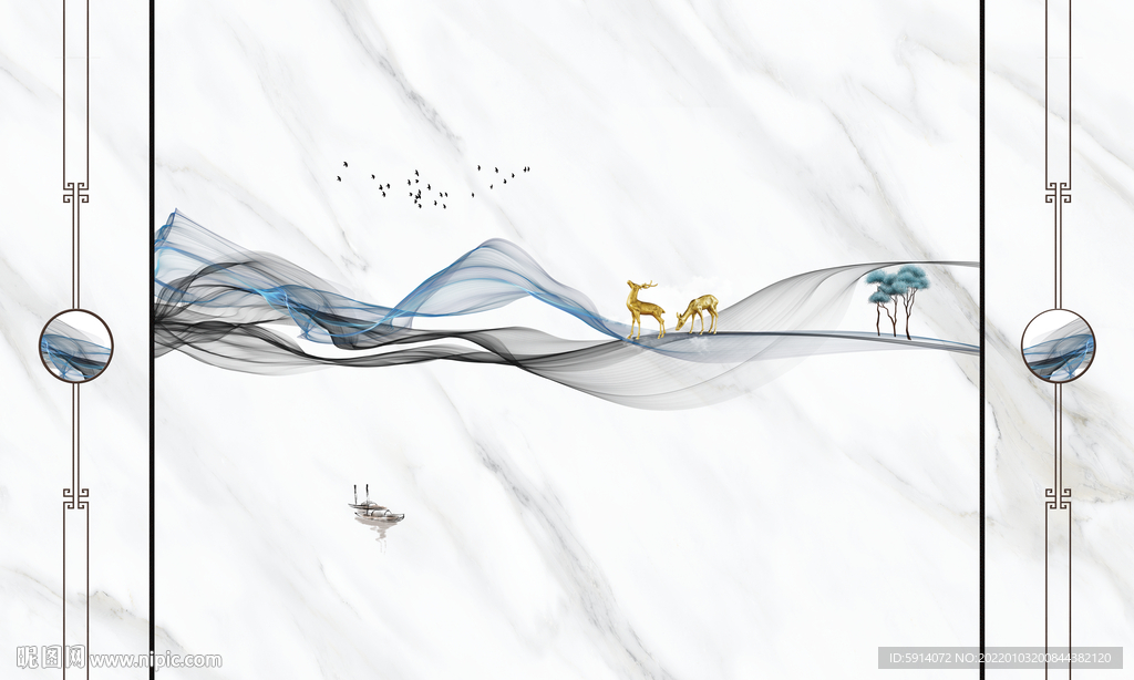 晶瓷画线条抽象画水墨山水风景画