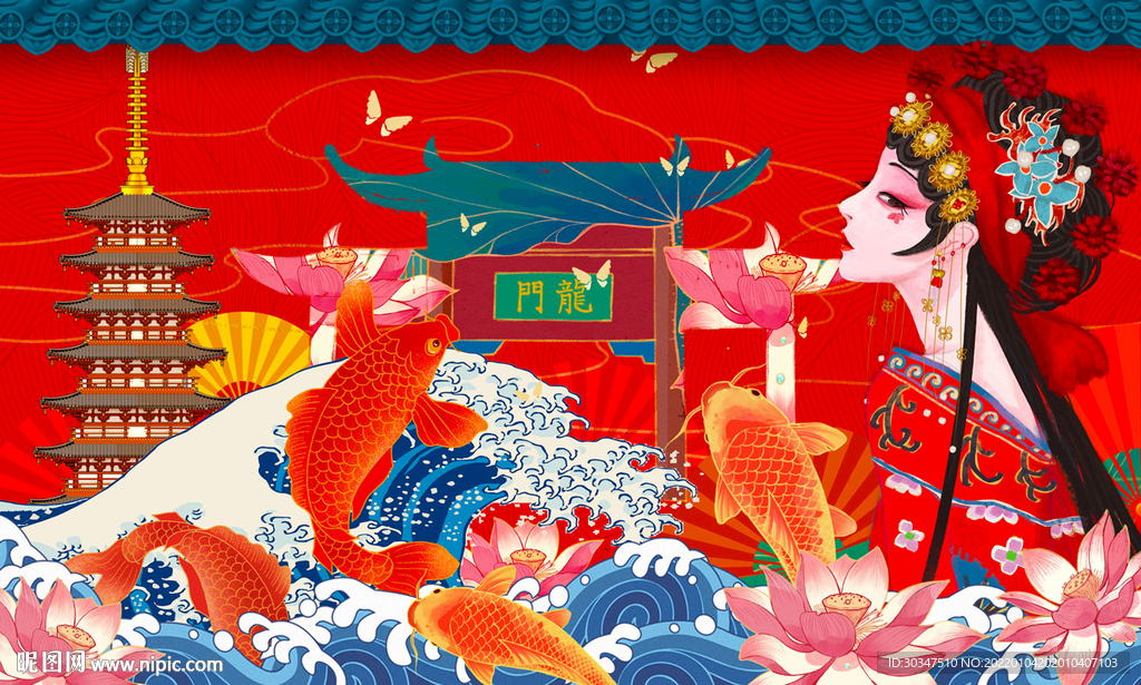 国潮美食餐厅背景墙