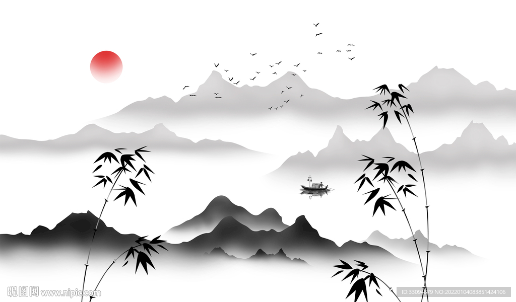 高清分层水墨山水竹子背景墙