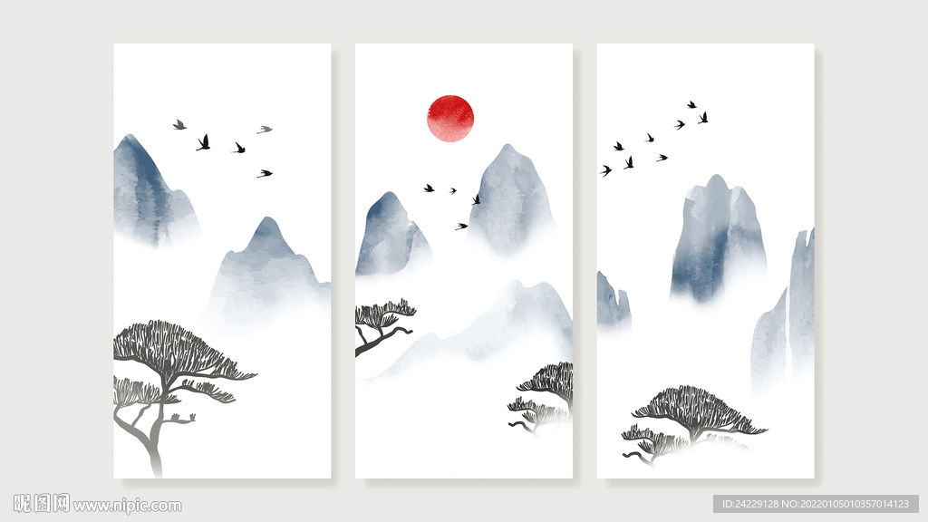 新中式山水三联画