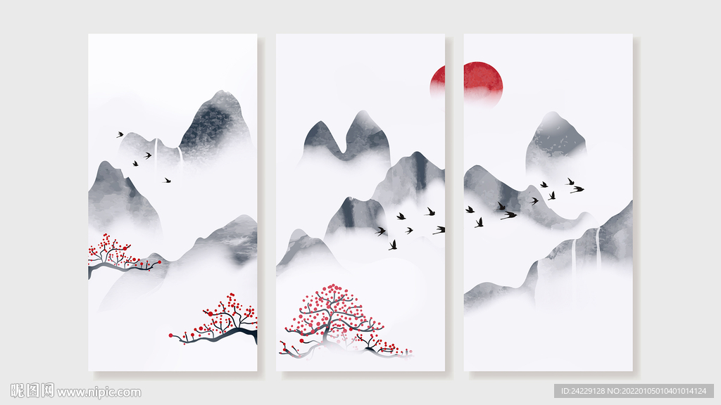 禅意山水三联画