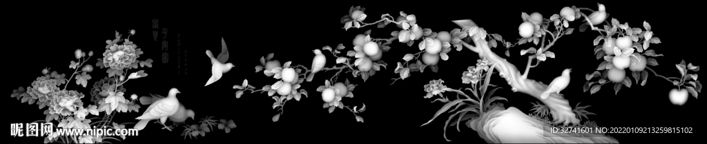 花鸟石榴灰度图