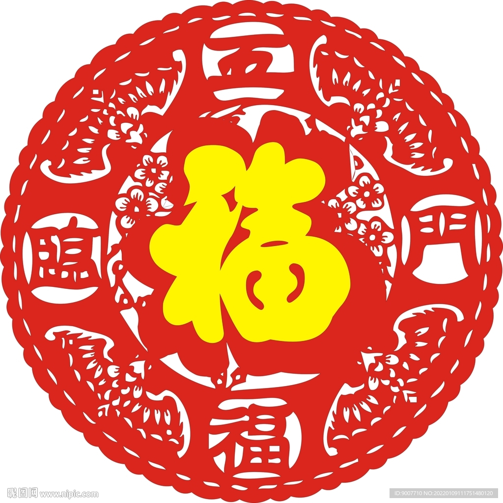 圆形 五福临门 蝙蝠 双福