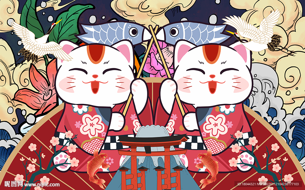 国潮招财猫樱花锦鲤工装背景墙