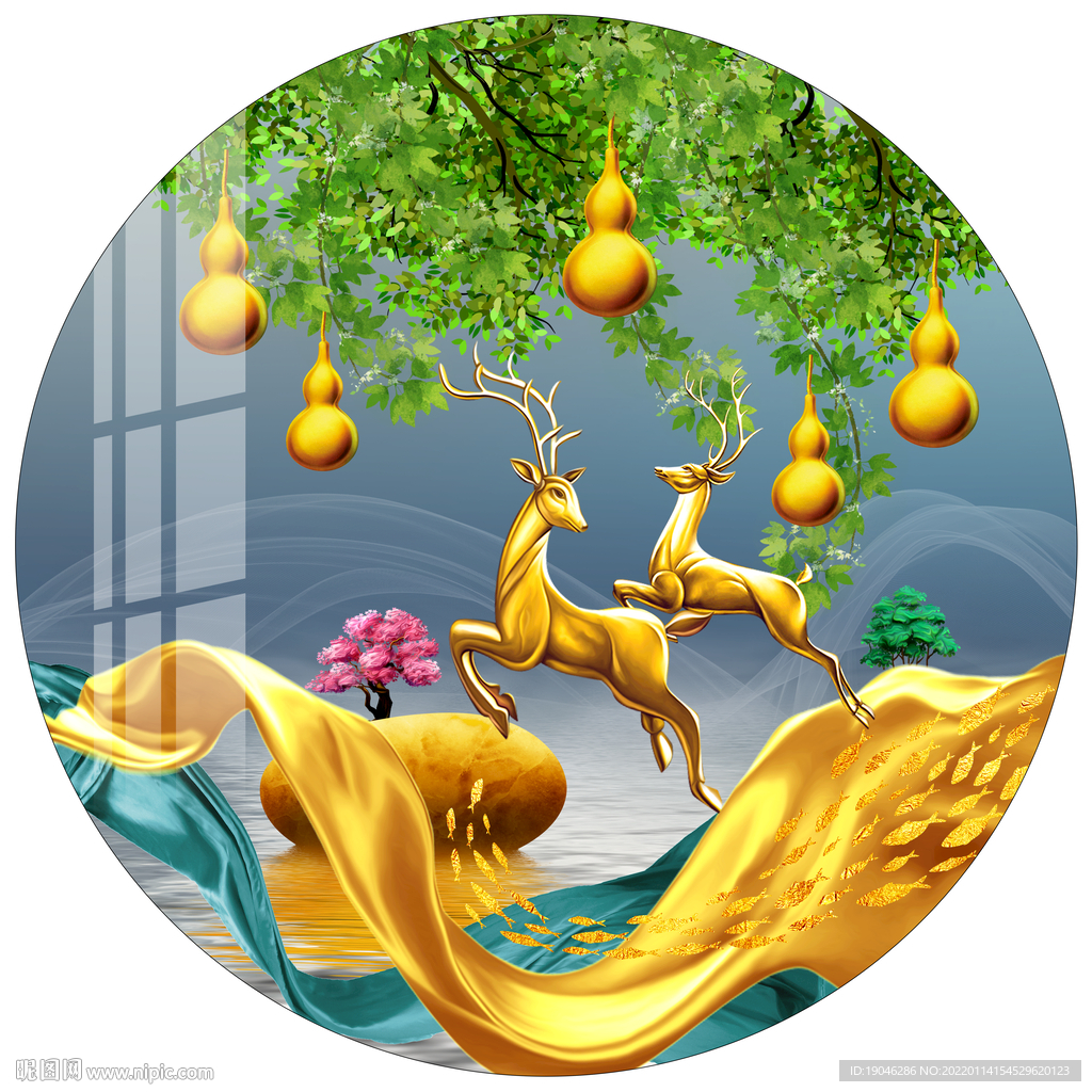 轻奢麋鹿金色葫芦圆形装饰画