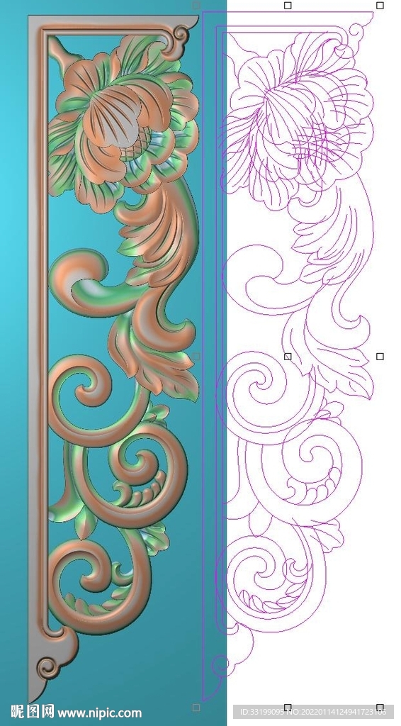 镂空洋花牡丹花角花精雕图灰度图