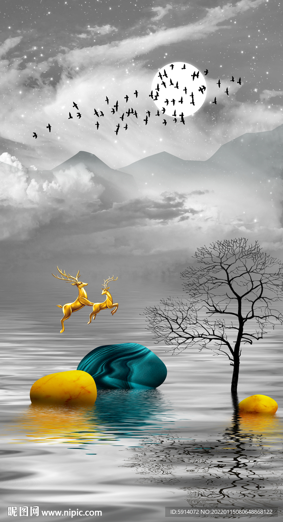 装饰画 石头 麋鹿