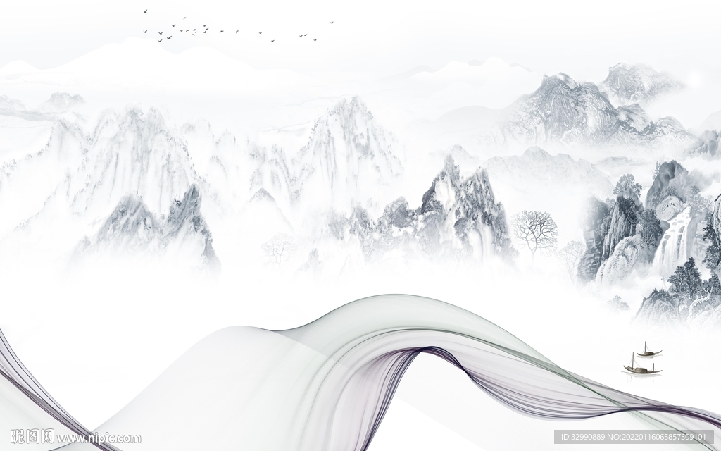 简约电视中式山水 TIF分层