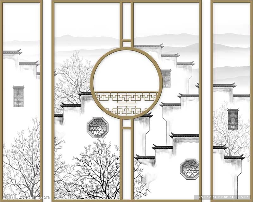 中式水墨徽派建筑边框远山背景