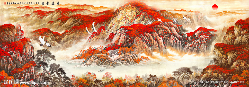 巨幅鸿运当头聚宝盆国画山水