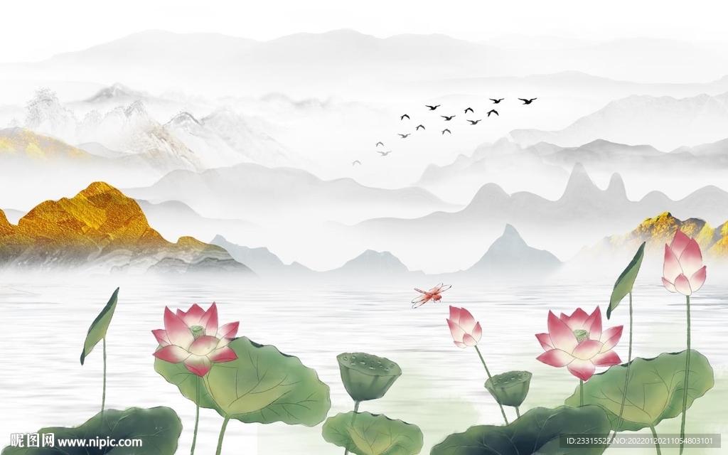 荷花电视背景墙