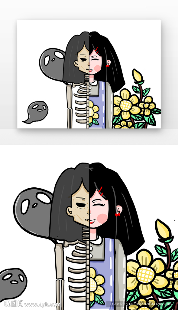 手绘花朵紫裙骷髅女孩禁毒禁毒日