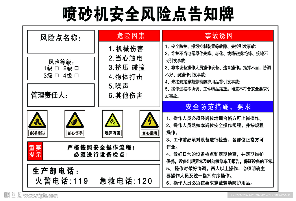 喷砂机安全风险点告知牌