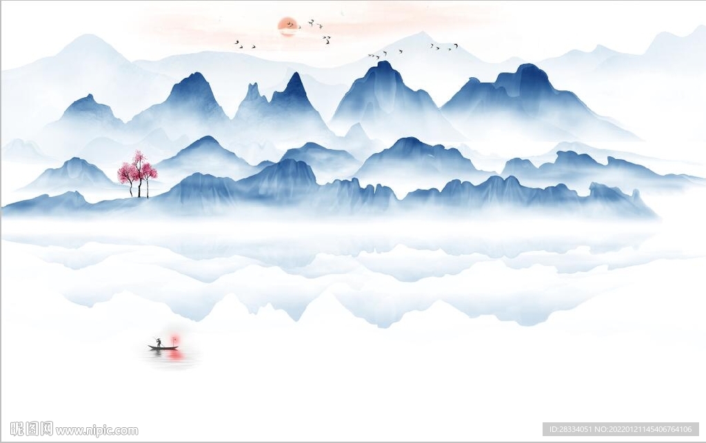 新中式蓝色水墨山水电视背景墙