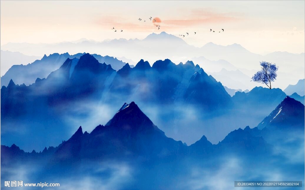 新中式蓝色水墨山水风景背景墙