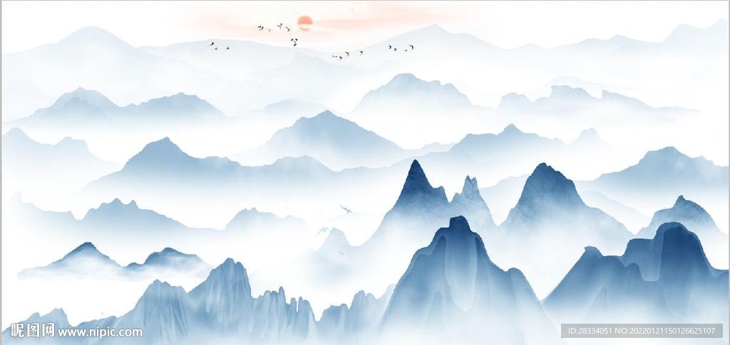 新中式蓝色水墨山水电视背景墙