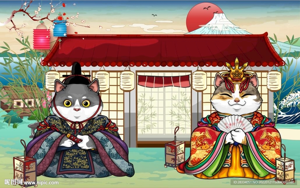 浮世绘日本猫料理餐饮背景墙