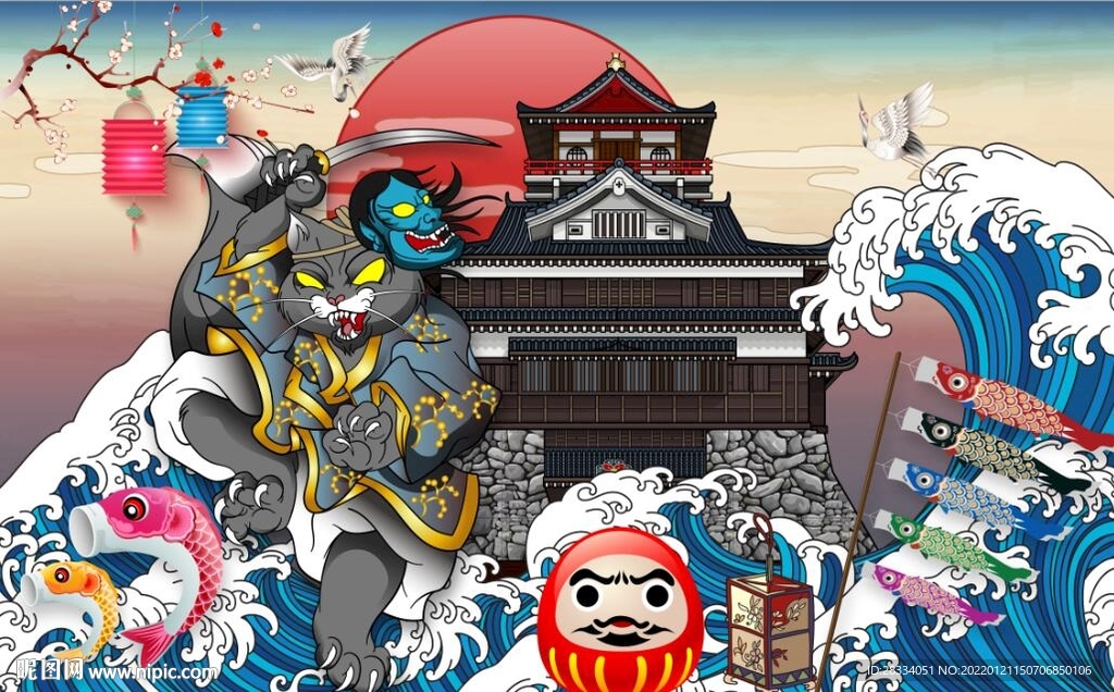 浮世绘武士猫日本料理餐饮背景墙