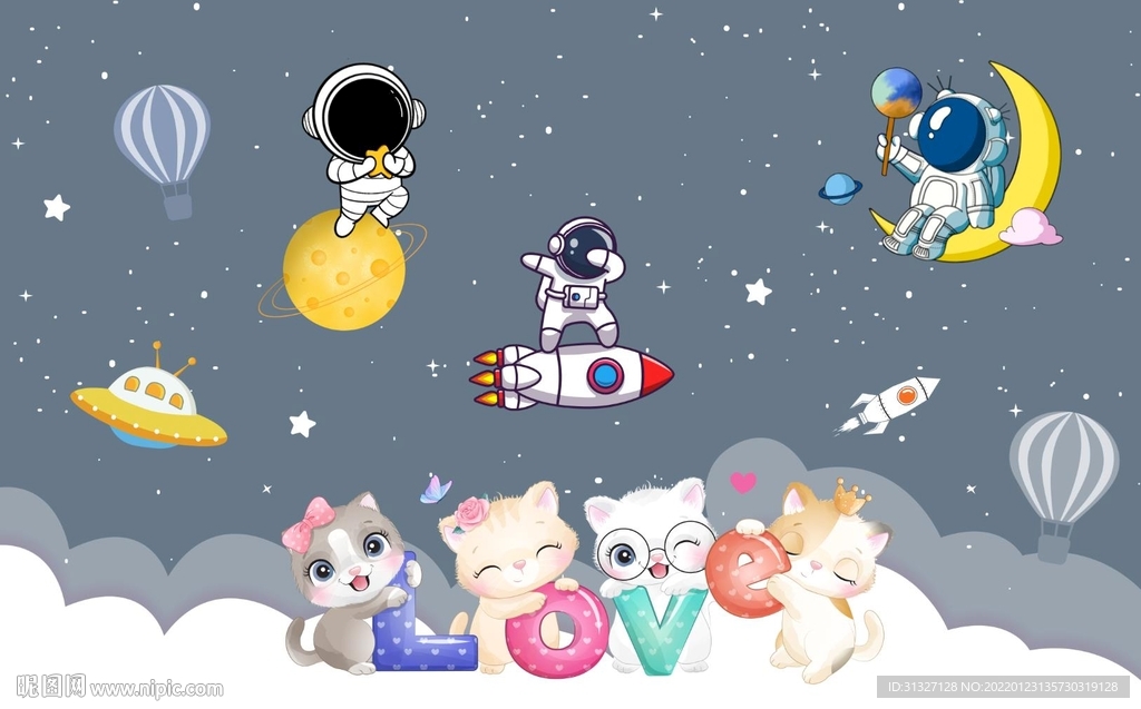 卡通太空人猫童房背景墙图片