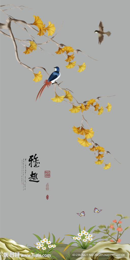 新中式手绘工笔花鸟玄关背景墙