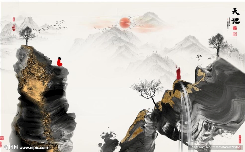 新中式金色水墨山水背景墙
