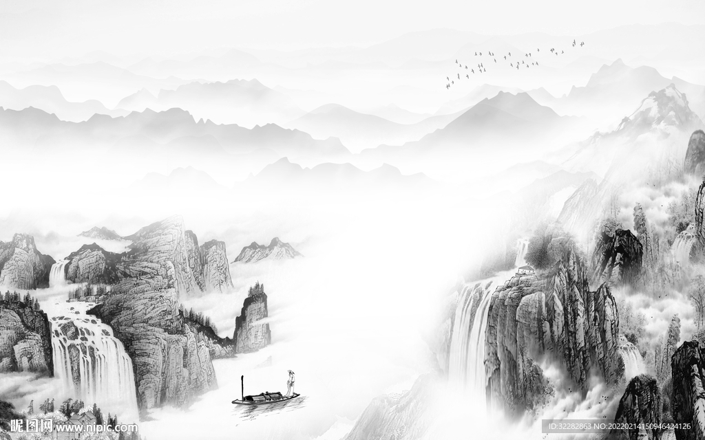 新中式极简灰色山水 TIF分层