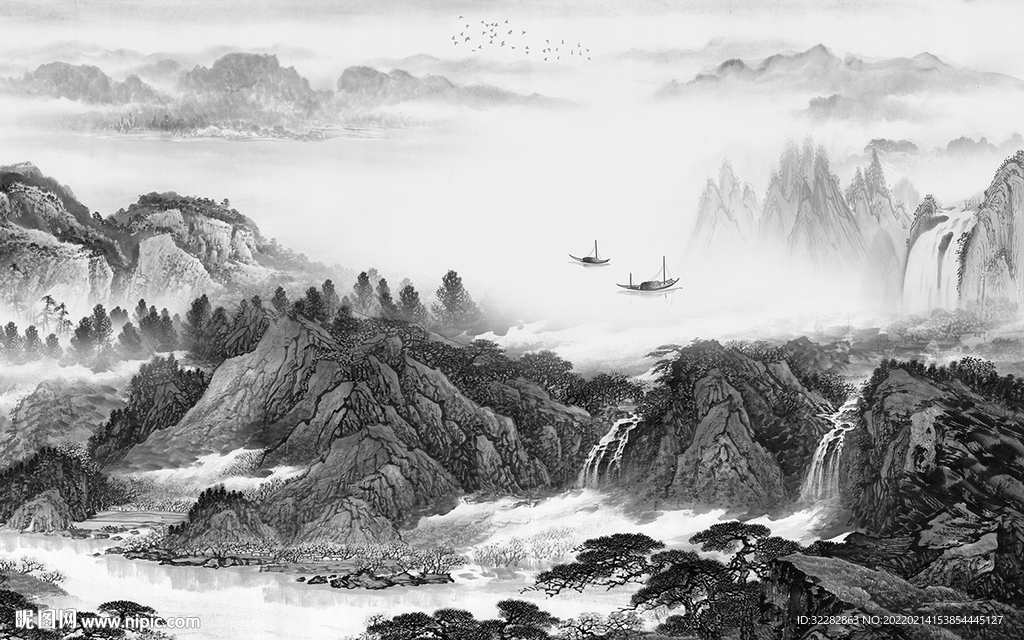 背景墙极简灰色山水 TIF分层