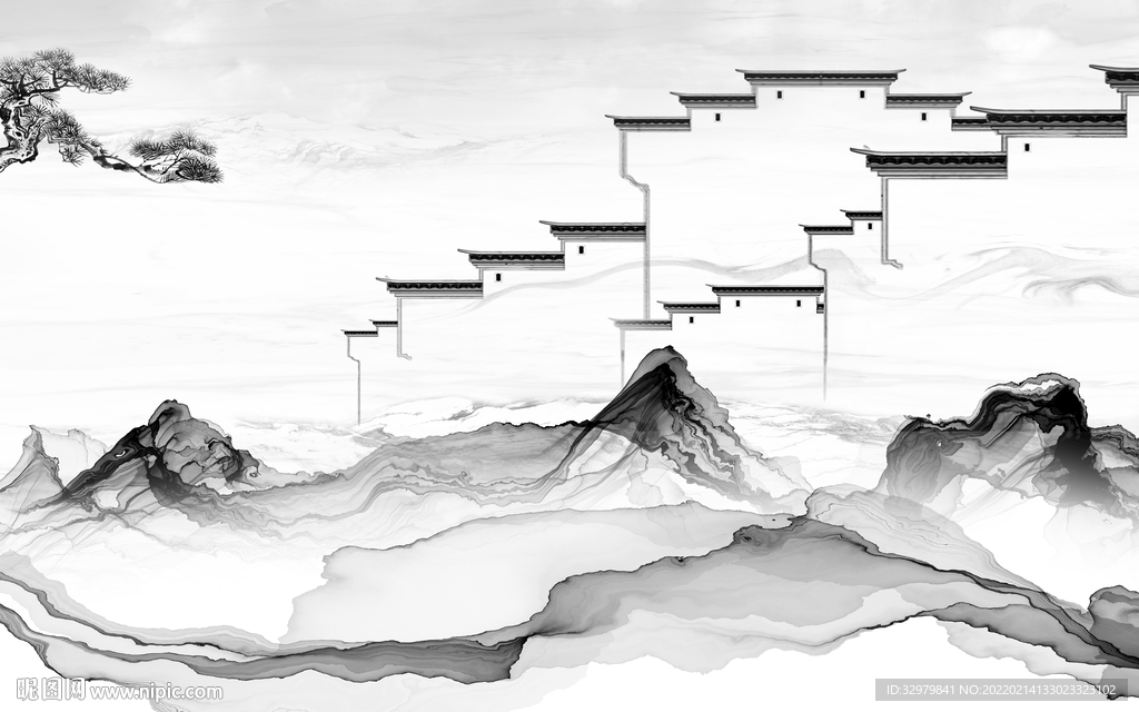 徽派背景中式山水 tif分层