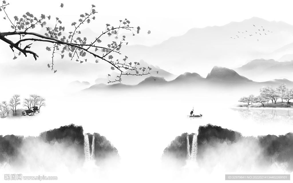 极简背景中式山水 tif分层