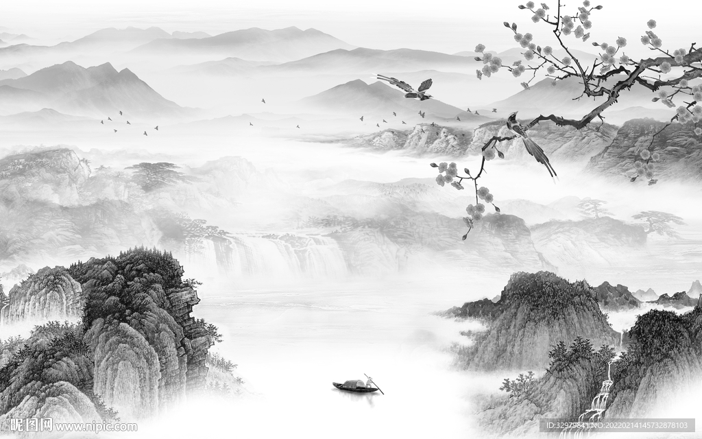 花鸟背景中式山水 tif分层