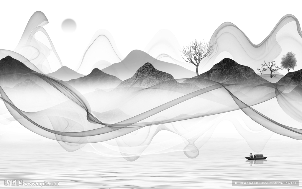 线条 灰色山水墙画 TIF分层