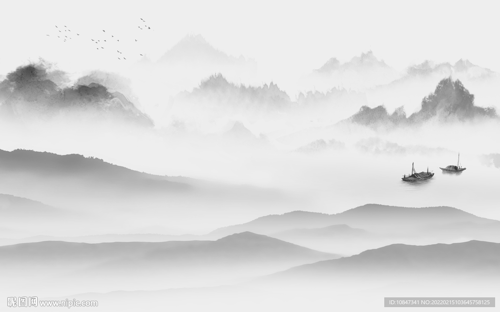 爆款灰色山水墙画 TIF分层