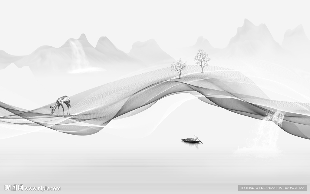 最新 灰色山水墙画 TIF分层