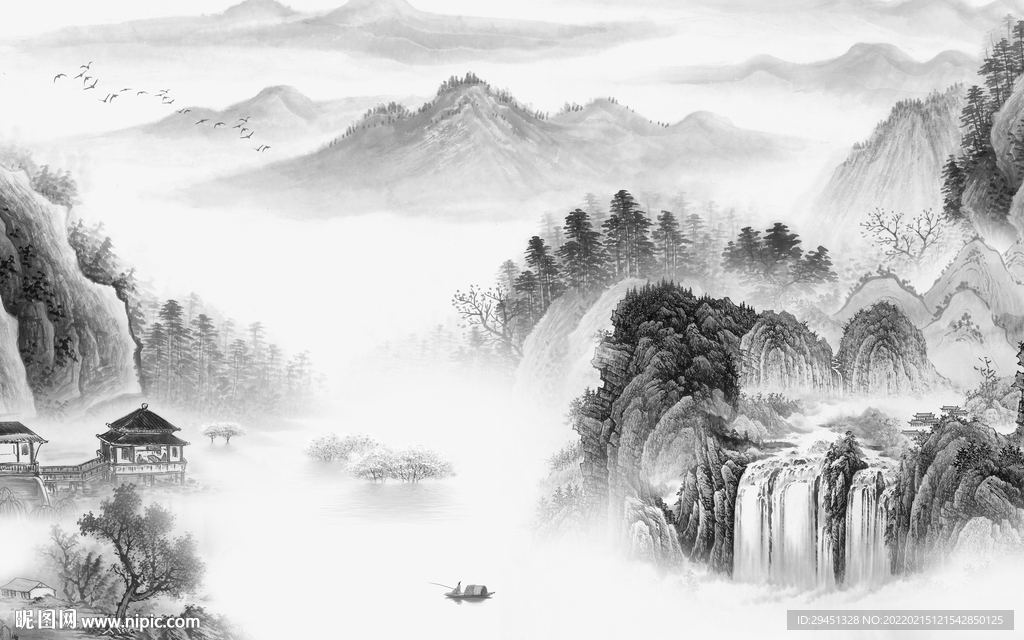 意境 灰色客厅山水 tif分层