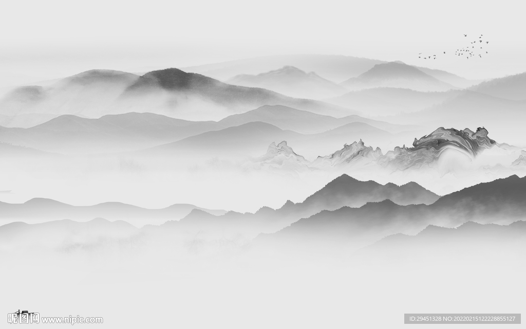 中国风灰色简约山水 tif分层